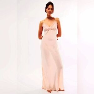 Free People Midnight Magic Blush Pink Embroidered Lace Maxi Slip Dress NWOT Sz S